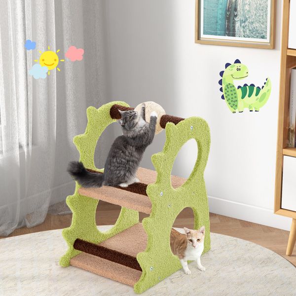 2-Tier Dinosaur Cat Tree Tower with Rotating Scratching Sisal Ball Climbing Rods