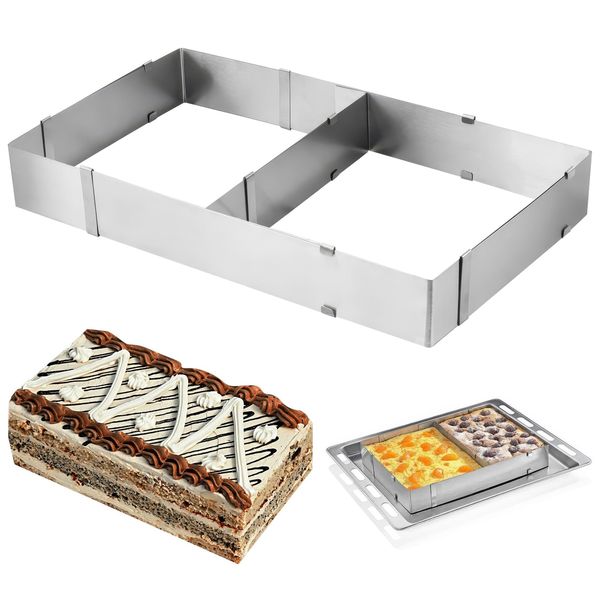 Adjustable Rectangular Cake Tin, Rectangular Baking Frame, Stainless Steel Cake Mold, 27-51 cm x 18-33 cm, 5 cm High, Large, Tall Adjustable Baking Tin
