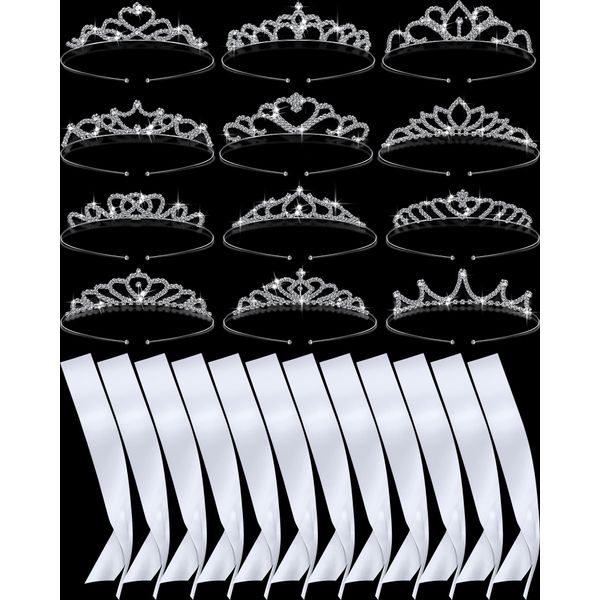 12 Blank Sashes and Tiara Set Prom Queen Satin Sashes for Pageants Rhinestone Tiara Crown White Blank Sash DIY for Birthday Wedding Beauty Pageant Prom Graduation Party Supplies (White, Silver)