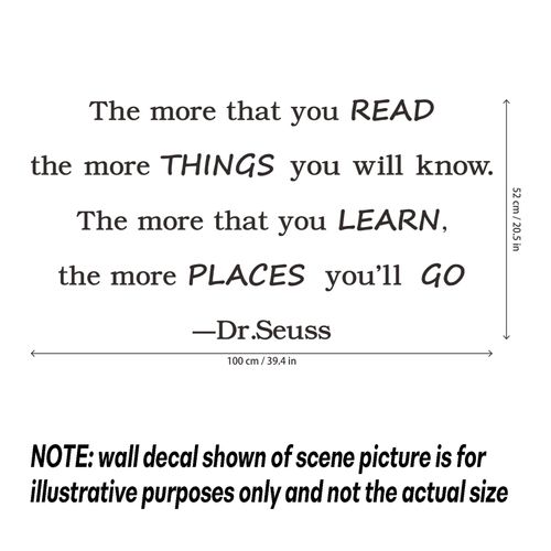 Reading Wall Decals Quotes The More That You Read The More You Know Dr.Seuss Wall Stickers, Removable DIY Inspirational Education Art Vinyl Decal Mural Home Nursery Childrens Bedroom Classroom Decor