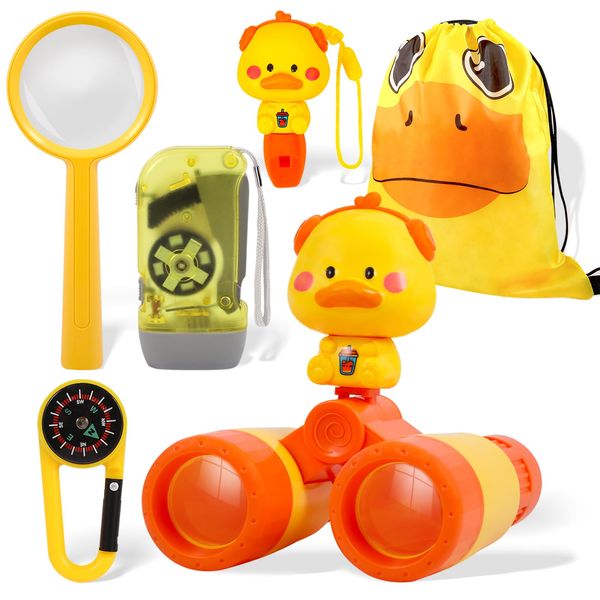 Yellow Duck Binoculars for Kids, Set with Magnifying Glass, Compass, Whistle, Push-on Flashlight & Storage Bag, Kids Binoculars for Ages 3-12 Boys Girls Bird Watching Camping Hunting Hiking Supplies