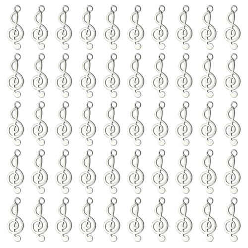 PPhtony Vintage Musical Note Charms 25 x 10mm Music Theme Instrument Pendant for Bracelet Earring Necklace Keychain Jewelry Making Cards Scrapbook Gift Christmas Ornaments DIY Craft, 50PCS (Silver)