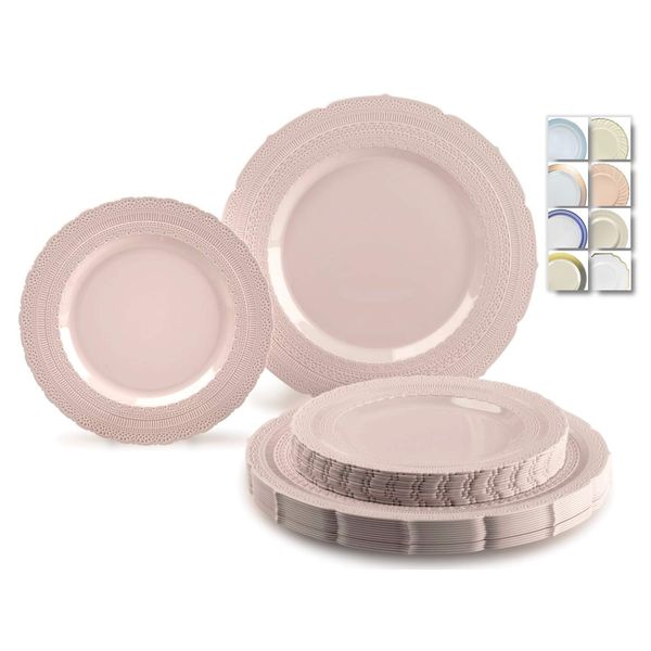 " OCCASIONS " 50 Plates Pack (25 Guests)-Extra Heavyweight Vintage Wedding Disposable/Reusable Plastic Plates -25 x 11'' Dinner + 25 x 8.25'' Salad/dessert (Chateau Blush Pink)