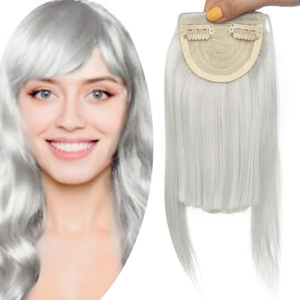 Flat Clip In On Bangs Fringe Hair Extension One Piece Synthetic With Temples Fringe Hairpiece Hair Accessories For Womens, Silver Grey