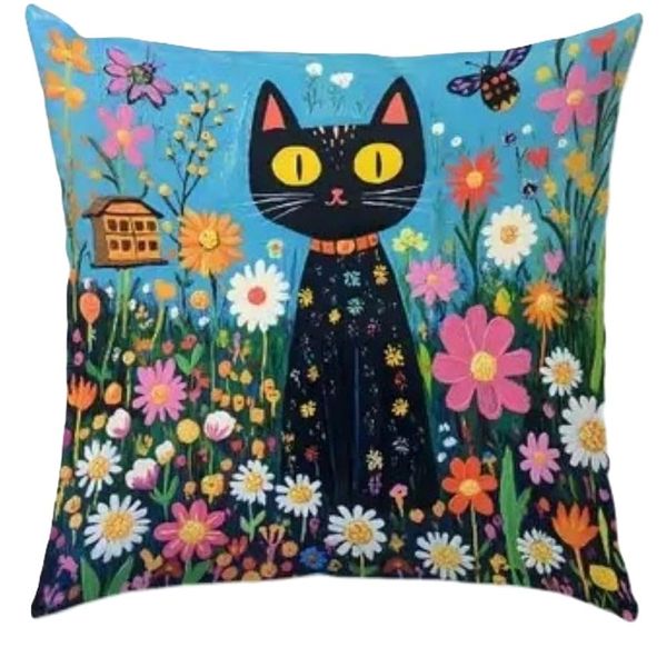 Decorative Cat Floral Throw Pillow Cover, 45 cm, Single-Sided Print, Polyester