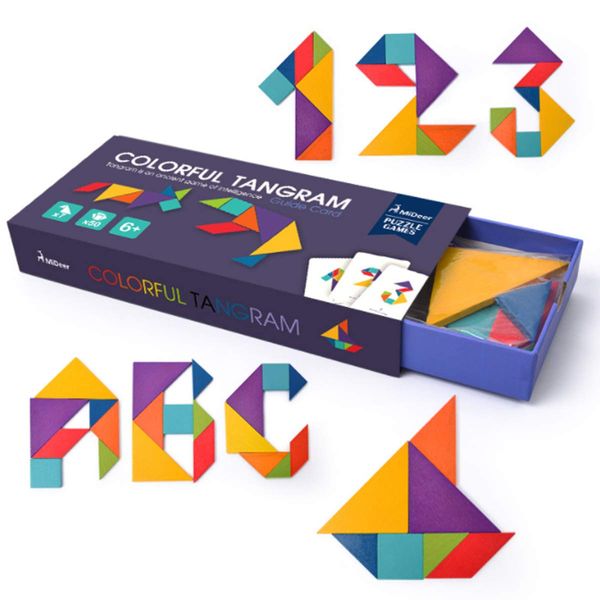 Tangram Puzzle, Educational Toys, Wooden Toys, Wisdom Plank, Includes Cards, Colorful