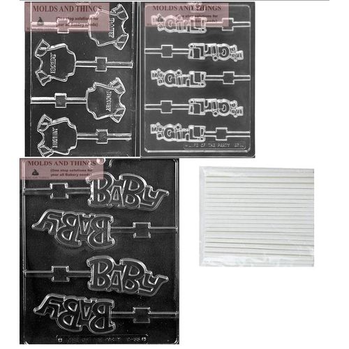 It's A Girl Lolly Chocolate Candy Mold, Baby" Lolly Chocolate Candy Mold, Baby onesie Chocolate Candy Mold and 50 lollipop Stick With © Candy Making Instruction