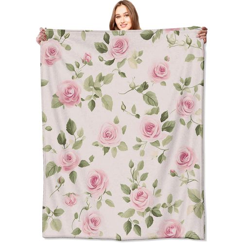 VODRM Floral Pink Rose Blanket Flower Throw Blankets with Green Leaves,Birthday Gifts for Women Girls,Lightweight Soft Fleece,for Sofa Couch Bed Room Spring Artistic Romantic Decor 50x60in