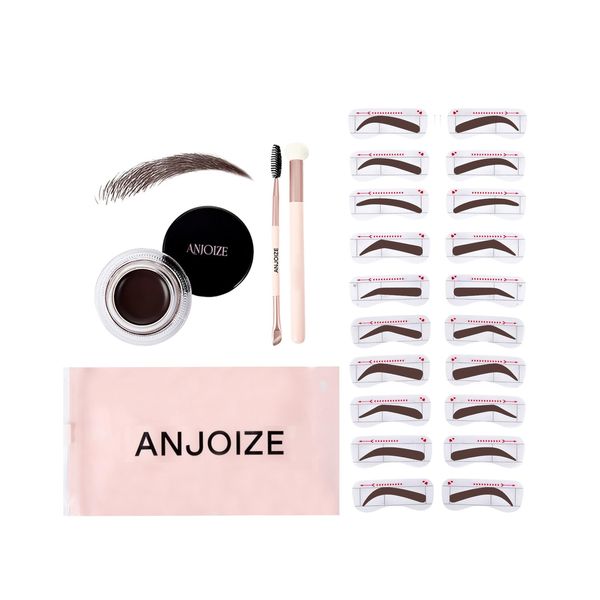 Anjoize Eyebrow Stencil Kit,Eyebrow Stamp Kit with Brow Pomade,20PCS Classic Eyebrow Stencils,Eye Brow Stencil Kit with Sponge Applicator and Dual-Ended Brush,Brow Trio Eyebrow Kit (Dark brown)