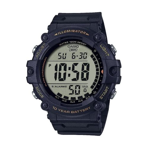 Casio Illuminator Extra Long Strap 10-Year Battery 100 M Water Resistant 5-Alarm w/Countdown Timer Men's Digital Watch, Black, AE-1500WHX-1AVCF
