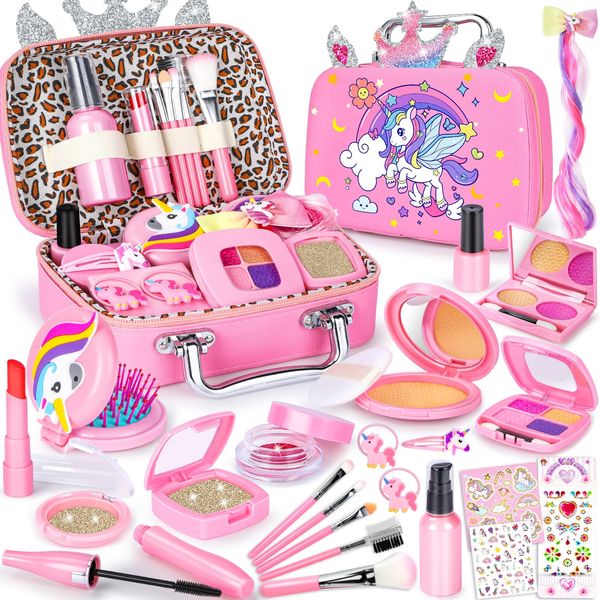 GINMIC Pretend Makeup for Toddlers, Pretend Play Makeup for Little Girls,Toddler Toys Makeup kit with Unicorn Cosmetic Bag for Little Girls Age 3 4 5 6 7+ Birthday Christmas Princess Gifts