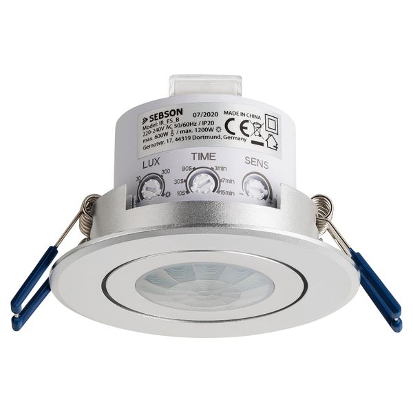 SEBSON PIR Sensor Ceiling 360°, Flush Mounted, Infrared Motion Sensor, LED suitable, Range max. 3-8m/360°, swivelling, max. 1200/600W, IP20