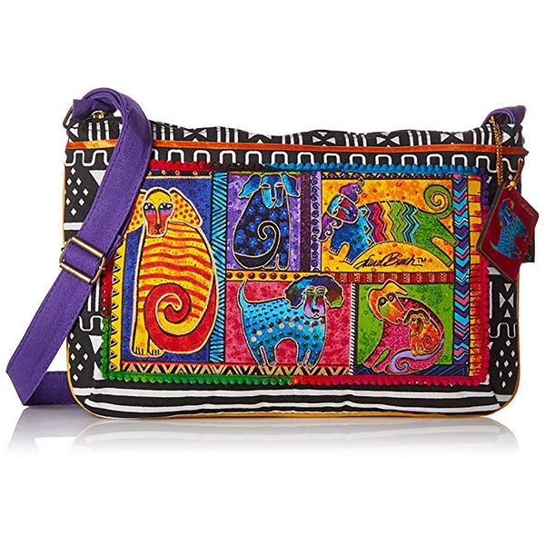 Laurel Burch Medium Crossbody Zipper Top 15 x 10-Inch, Dog Tails Patchwork