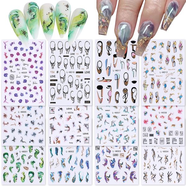 KBNIAN 12 Blätter Nail Art Aufkleber, 3D Bronzing Nagelsticker Selbstklebende Nagelaufkleber Marmor Schmetterling Nagelaufkleber Glitzer Nail Art Stickers Nagelkunst Dekoration für Frauen Mädchen