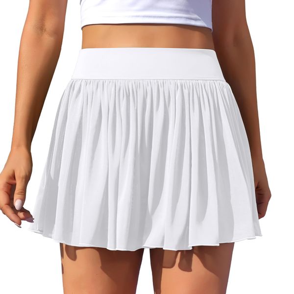 ATTRACO White Tennis Skirt with Pockets High Waisted Golf Skorts for Women Flowy Athletic Shorts S