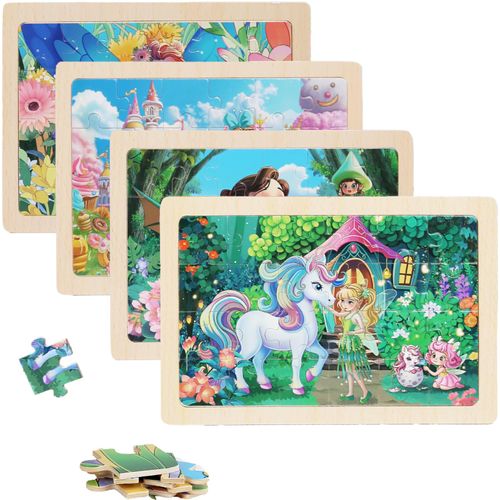 4 Sets of Wooden Puzzles, Each Set has 24 Pieces, Including Castle Unicorn Princess Puzzles, Puzzles for Toddlers 3-5, Puzzles for Kids Ages 4-6, Toys Gifts for 3, 4, 5, 6 Years Old Girls and Boys