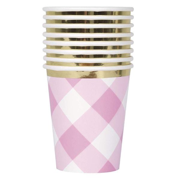 Paper Cups - 9oz - Pink Gingham 1st Birthday - Pack of 8