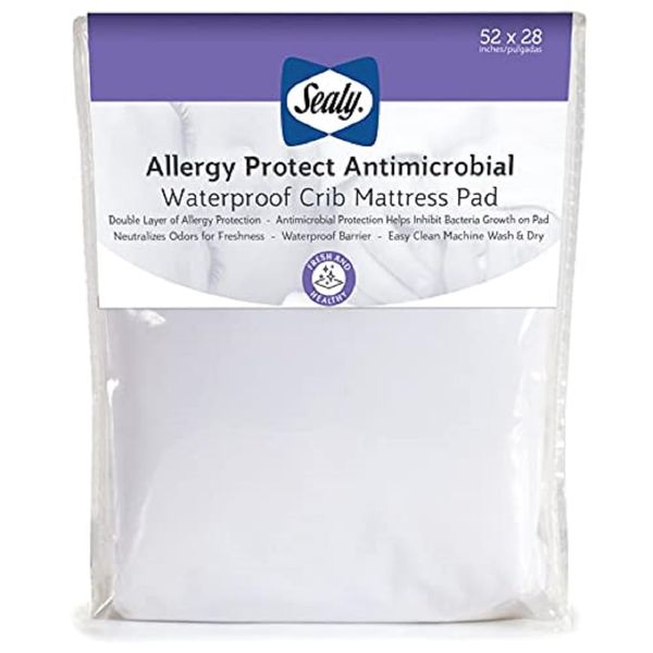 Sealy Allergy Protect Antimicrobial Waterproof Fitted Toddler Bed and Baby Crib Mattress Pad Cover Protector, Noiseless, Machine Washable and Dryer Friendly, 52" x 28" - White