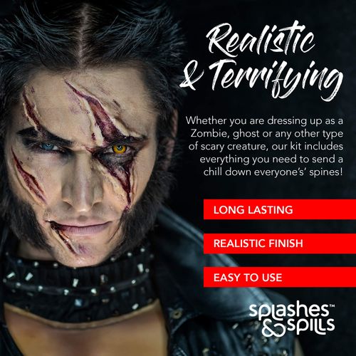 Splashes & Spills Horror FX Makeup Kit - 9 Piece Set, SFX Makeup, Face Body Paint Halloween Makeup, Perfect For Vampire, Zombie, or Ghost Looks, Includes 6 Colors Sponge, Brush, and Tutorial Guide