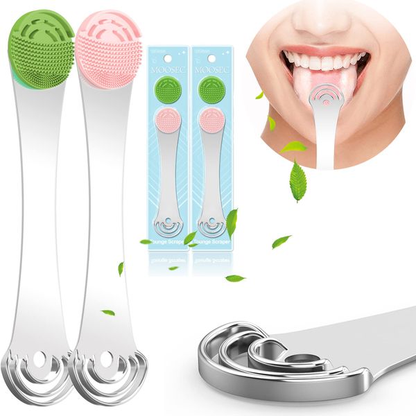 2 in 1 Tongue Scraper Cleaner Tongue Brush Oral Care Tool Tongue Cleaner Anti-Bad Breath 100% Stainless Steel & Replaceable Silicone Brush Easy to Use Easy to Clean 2 Pack