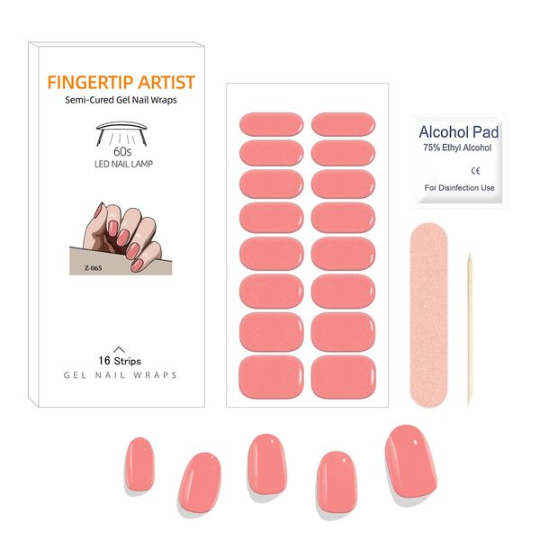 Semi Cured Gel Nail Wraps, 16Pcs Pure Color Gel Nail Polish Strips Soft Self-Adhesive Glitter Gel Nail Stickers, Salon-Quality French Manicure Set with Soft Glossy Gel Finish - Pink Sunset