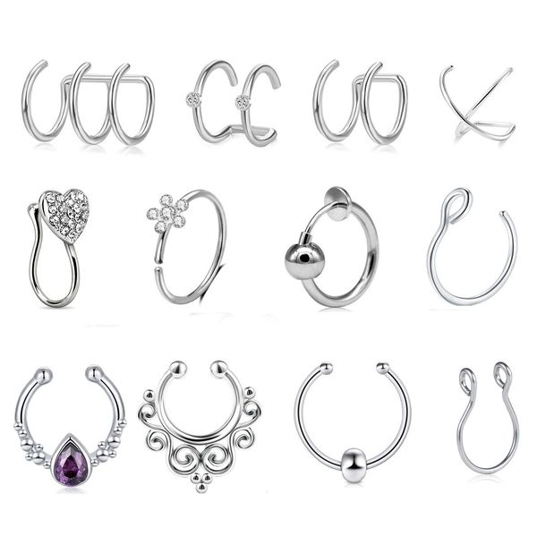 Mayhoop 12 Stück Fake Piercings Fake Nasenpiercing Ear Cuffs Fake Septum Ring Hoop Silber Fake Helix Lippen Piercing Ohrmanschette Ohrclips Non Piercing Schmuck