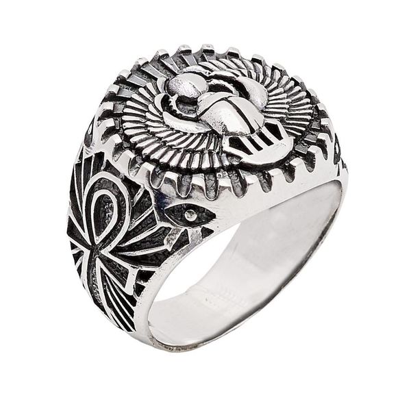 Men's Chunky Silver Ring | Egyption Ring | Ancient Egypt Bird Ring with Cross Details (W)