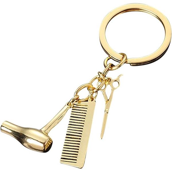 Gold Fashion Key Ring for Women Hairdresser Car Key Ring Personality Graduation Gift Hair Dryer Scissors Comb 3 in 1 Key Ring Personalised Car Women Key Chain,Keyrings and Keychains,Accessories