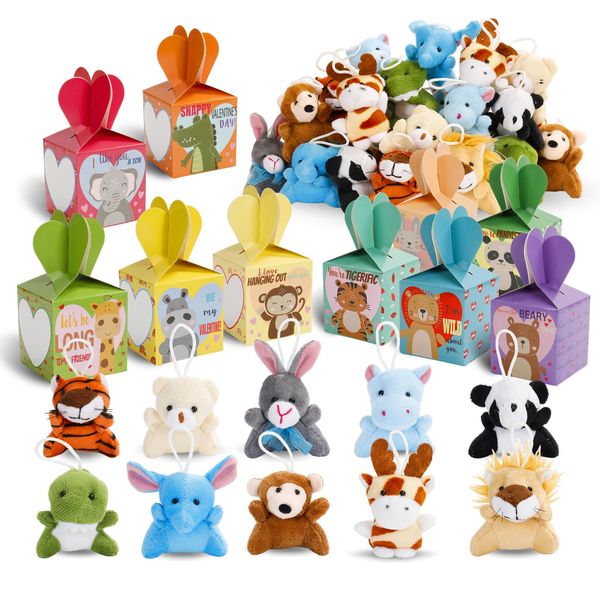 ATFUNSHOP Valentines Day Gifts for Kids with Animal Plush Toys 30 Pack Valentines Mini Keychains and Heart Gift Box in Bulk Exchange for Toddlers Girls Boys School Class Classroom Party Favors