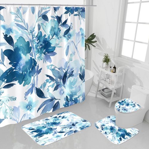 Litabel 4 Pcs Blue Watercolor Floral Shower Curtain Sets with Rug, Toilet Lid Cover and Bath Mat, Botanical Flower Shower Curtains for Blue Bathroom Decor, White Fabric Waterproof Bathroom Set