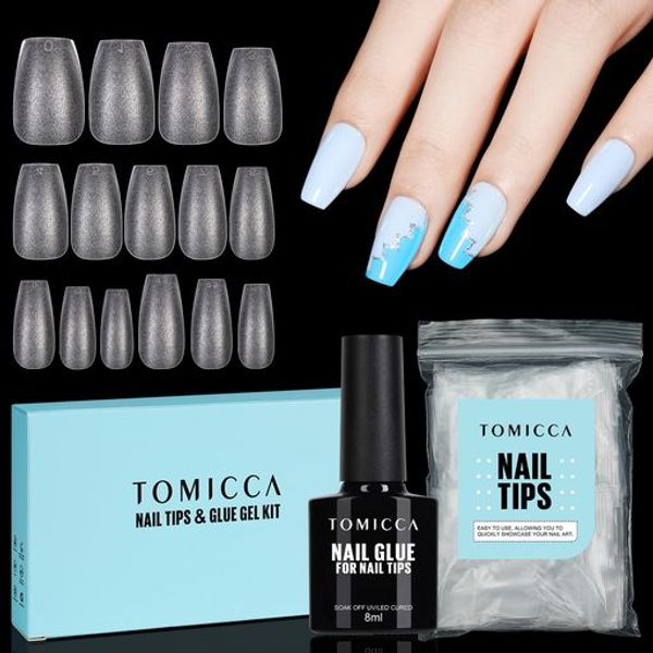 TOMICCA Nail Tips Nail Glue Suit Gel Nail Tips Short False Nails Nail Tip Adhesive 4-IN-1 Nail Glue Self Gel Nails, UV/LED Lamp Required - 150 Sheets (Ballerina S)