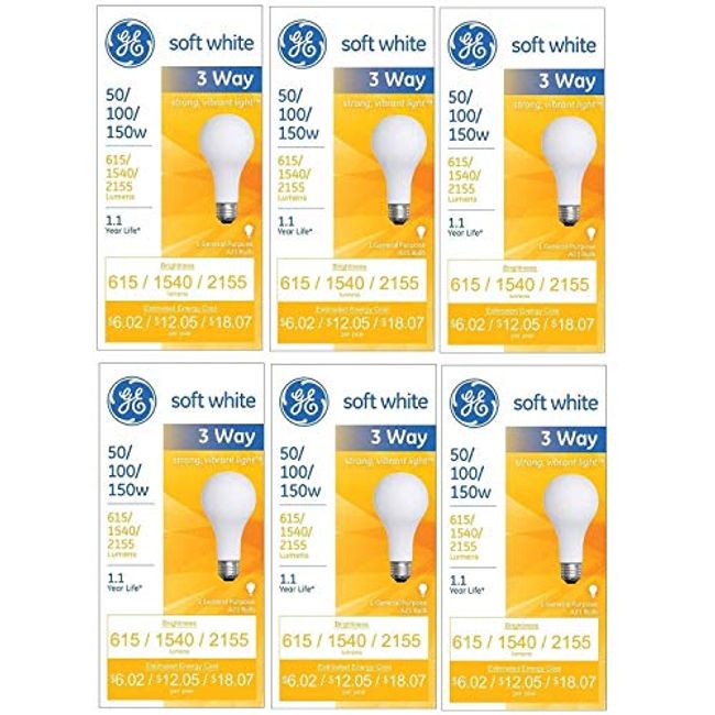 GE 97494 50/100/150 Watt 3-Way Light Bulb with Medium Base, 6 Count (Pack of 1), Soft White