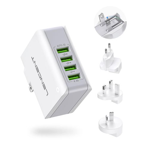 LENCENT Travel Adapter [Auto-ID Tech] USB Wall Charger, 4-Port Charging Plug Power Supply Universal Charger Adapter with EU/USA/UK England/AUS Germany Plug for iPhone, Samsung, iPad, Tablet
