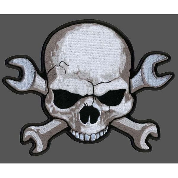 SKULL WRENCH EMBROIDERED 4 INCH BIKER  PATCH [IRON ON SEW ON]