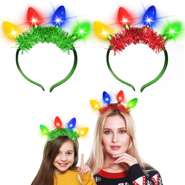 TURNMEON 2 Pack Christmas LED Headband with Colorful Bulb Lights Glow 6 Flashing Mode Christmas New Year Eve Party Favor Supplies Accessories for Kids Adults