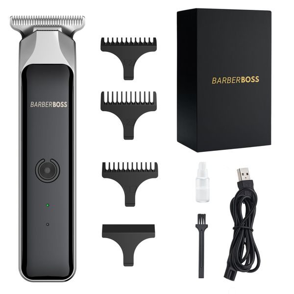 BarberBoss Professional Facial Groomer, Beard Trimmer, Hair Clipper Men, Detail Trimmer, USB Rechargeable, Red/Green Light, Stainless Steel T-Blade, QR-2090