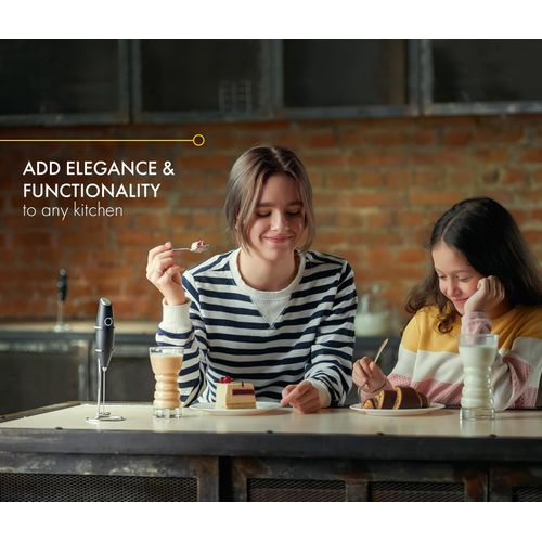 Handheld Milk Frother for Coffee – Stainless Steel Coffee Frother Electric Drink Mixer & Matcha Whisk Frother Handheld – Ergonomic Hand Frother with Stand & Recipes – by Unicoff (Black)