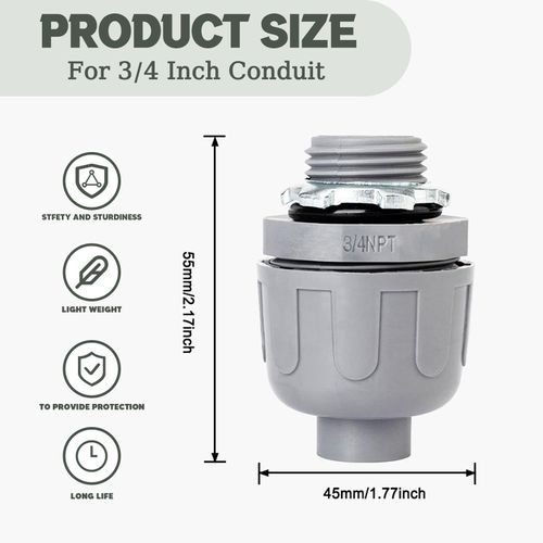 Feotech 3/4 Inch Liquid Tight Connector - 5 Pack PVC Electrical Conduit Fittings 180 Degree Straight Flexible Connectors for Home, Kitchen, and Bathroom Conduit Connector