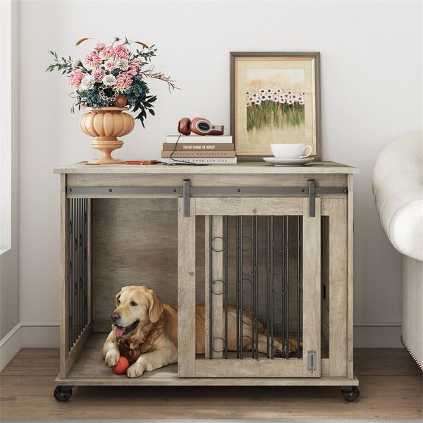 Wood+ Metal Furniture Style Pet Dog Crate w/Detachable Divider End Table Gray