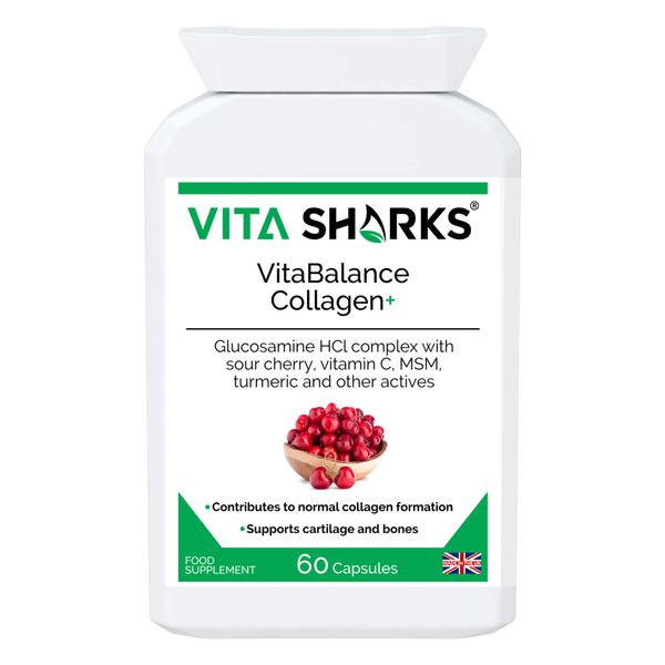 VitaBalance Collagen+ 60 Capsules for Skin, Hair, Nails, Joints & Connective Tissue. Vitamin C & E, Iron, Glucosamine HCL Complex, Sour Cherry, MSM, Turmeric & More for Added Immune Support