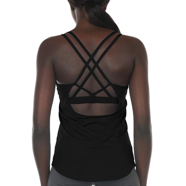 icyzone Damen Sport Yoga Tank Top mit Integriertem BH - 2 in 1 Sport Oberteile Fitness Gym Shirts (M, Schwarz)