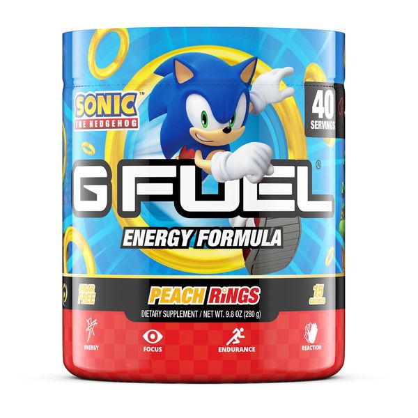 G fuel Sonic Energy Powder, Sugar Free, Clean Caffeine Focus Supplement, Water Mix, Peach Ring Candy Flavor, Focus Amino, Vitamin + Antioxidants Blend - 9.8 oz (40 Servings)