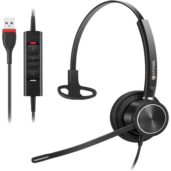 Arama USB Headset with Microphone for PC Laptop, Mono Wired Computer Headphone with Noise Cancelling Mic & In-line Control for Business Home Office Call Center Online Class Skype Zoom