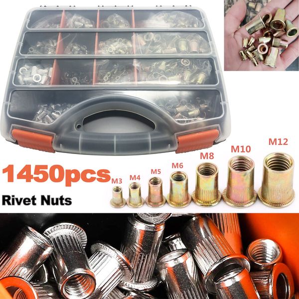 1450PCs Metric Rivets Kit Rivnut Tool Flat Head Threaded Insert Nut Knurled Body