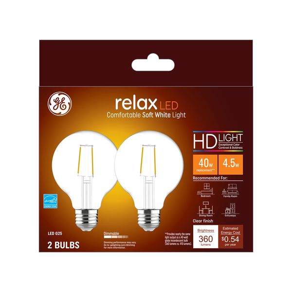 GE Relax LED Light Bulbs, 40 Watt, Soft White, G25 Globe Bulbs, Clear, Medium Base (2 Pack)