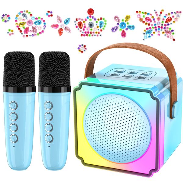 Mini Karaoke Machine with 2 Wireless Microphones, Adults Kids Toys, Gems Stickers, Portable Bluetooth Speaker, Christmas Birthday Gifts for Girls 4, 5, 6, 7, 8, 9 + Year Old (Blue)