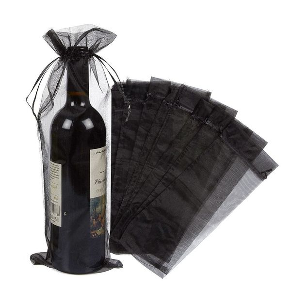 Wuligirl 20pcs Black Large Sheer Organza Wine Bottle Bags Drawstring Pouches Wedding Favors Baby Shower Dresses Festive Packaging Shampoo Bottle Bags Christmas Gifts 5.5 by 14.5 Inch(20pcs Black)