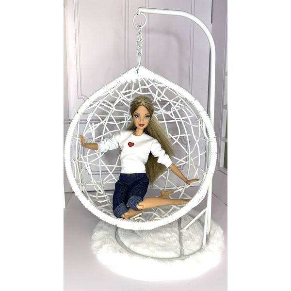 Eledoll 1:6 Dollhouse Furniture Boss Lady White Hanging Swing Bubble Chair with Rug