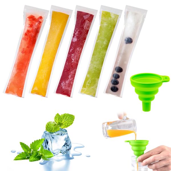 50 Pcs Ice Pop Bags Disposable Popsicles Moulds Bags, BPA Free Ice Lolly Bags with Seal for DIY Popsicle Maker Healthy Snack Food Yogurt Sticks Juice Fruit Smoothies - with Funnel