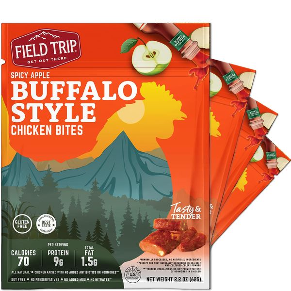 Field Trip Chicken Jerky Bites, All Natural and Gluten Free, Keto and Paleo-Friendly Healthy Snack, Low Calorie, High Protein Snacks with No Nitrates, 2.2oz Bag, 4 Pack, Spicy Buffalo Style